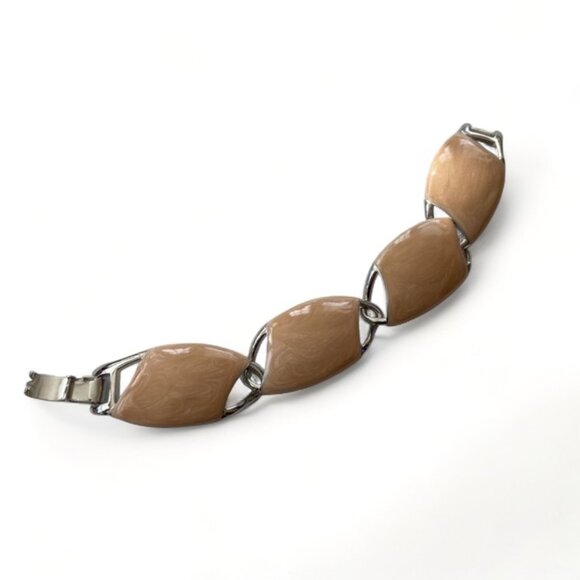 Vintage Monet Bracelet - Enamel & Silver Tone Links 1980s Station Bracelet Taupe - Picture 1 of 16